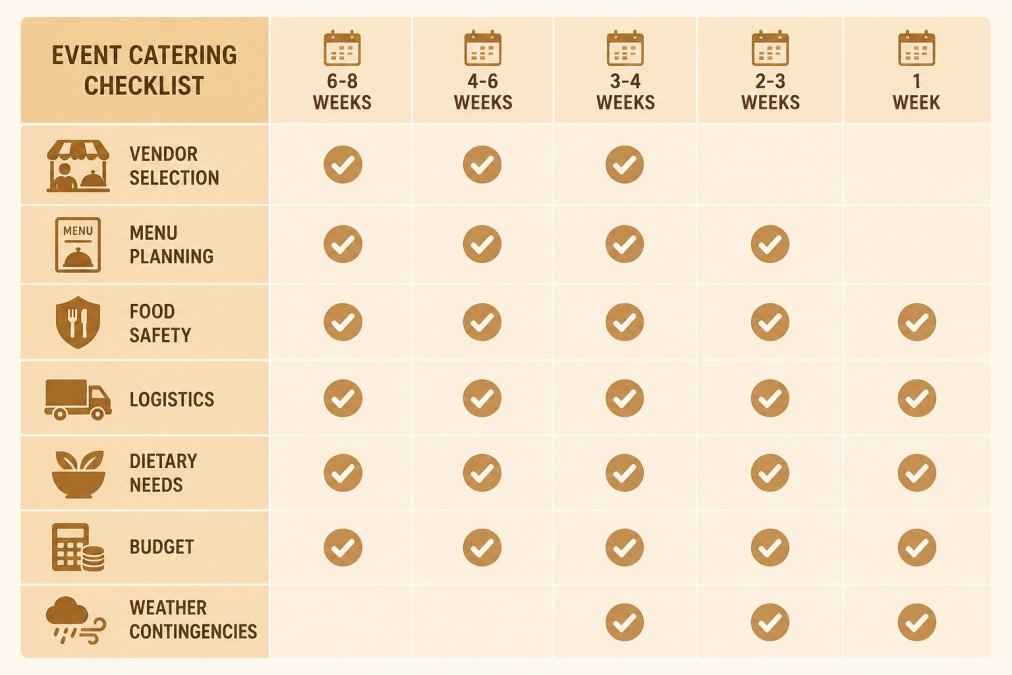 Event catering checklist matrix showing planning categories (vendor selection, menu planning, food safety, logistics, dietary needs, budget, weather contingencies) with timeline columns: 6-8 weeks, 4-6 weeks, 3-4 weeks, 2-3 weeks, 1 week