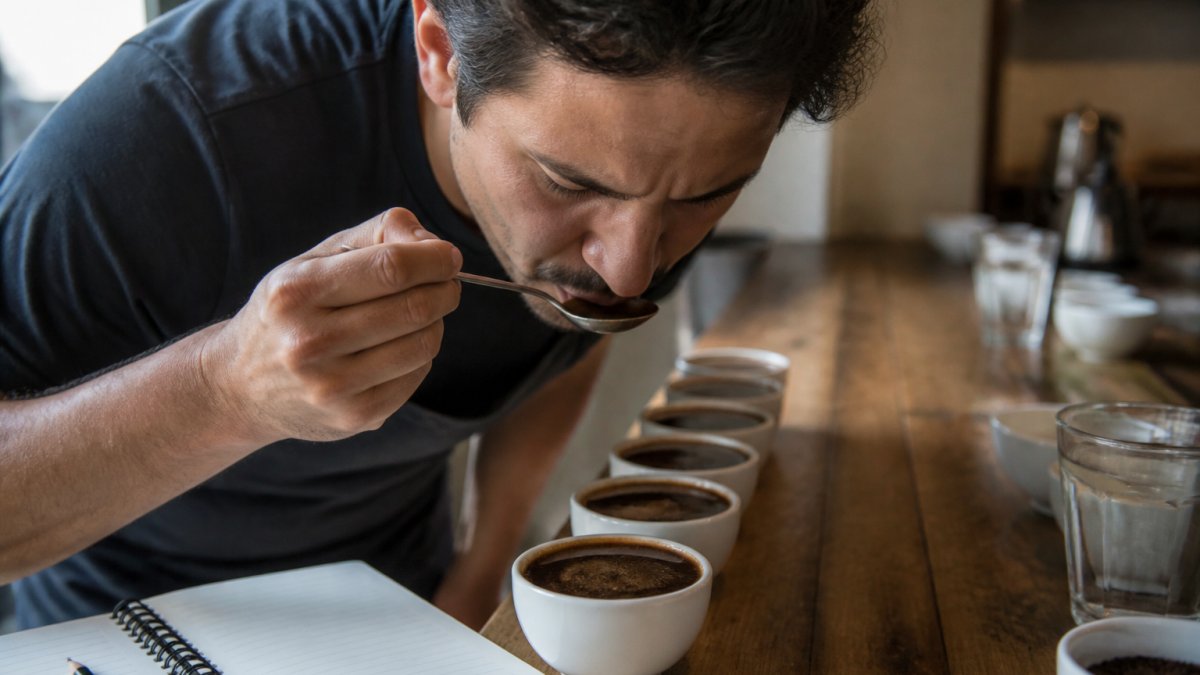 Infographic demonstrating the process of slurping coffee from a cupping spoon to identify acidity levels.