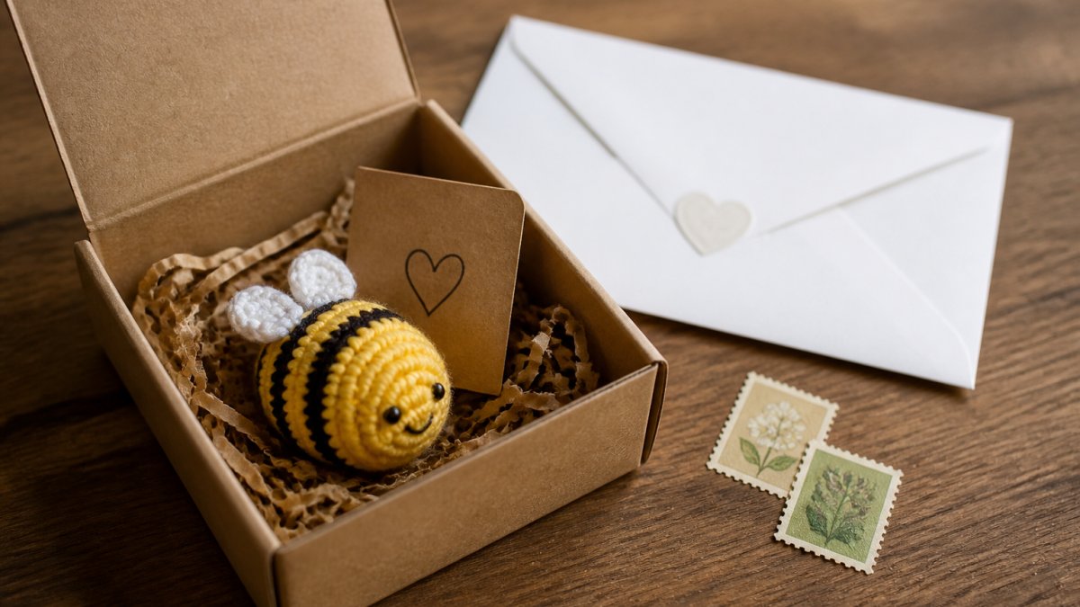 Close-up van een klein brievenbusdoosje van 12x12 cm met een gehaakt bijtje en een handgeschreven kaartje, op een houten tafel naast een envelop en postzegels