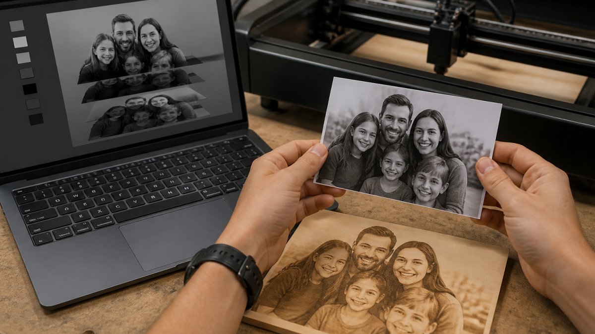 Close-up of a maker's hands holding a photo print next to a laptop showing a layered grayscale image, with a laser-engraved wooden plaque on the workbench