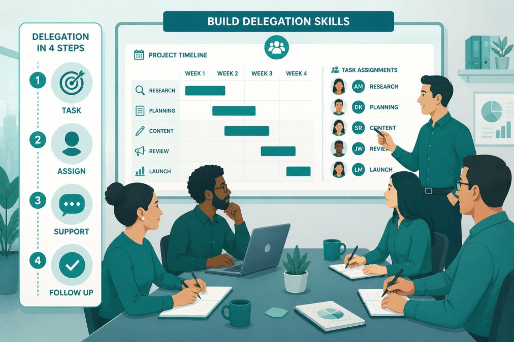 Diverse team collaborating around a conference table with a manager pointing to a project timeline and task assignments, everyone engaged and taking notes