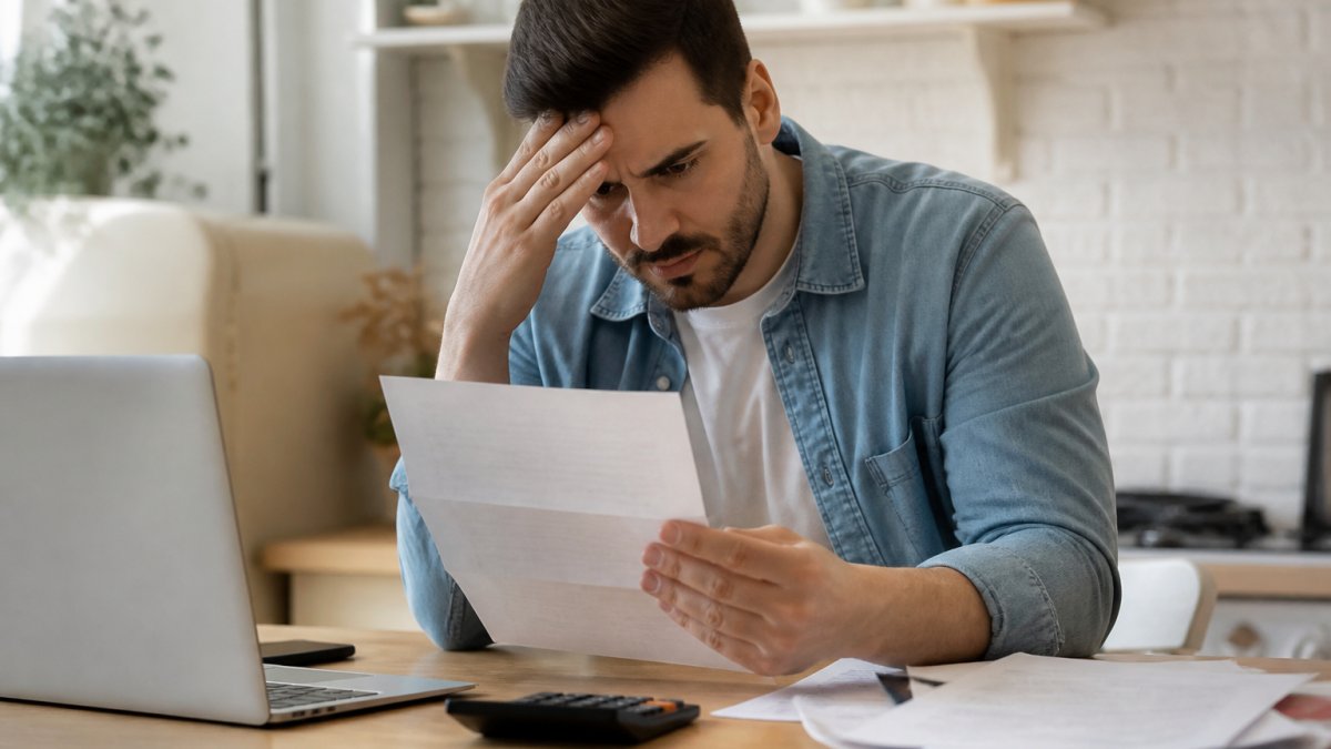 Person reviewing a Notice of Federal Tax Lien document at a desk with a laptop and calculator