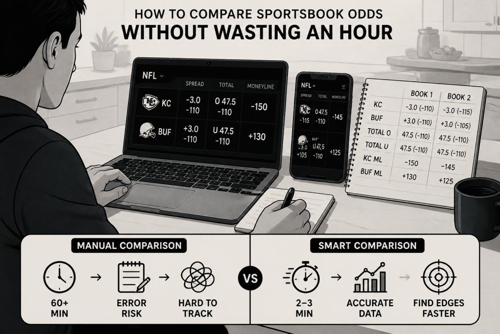 A bettor using a laptop and phone to compare NFL odds for arbitrage betting strategies at a kitchen table.