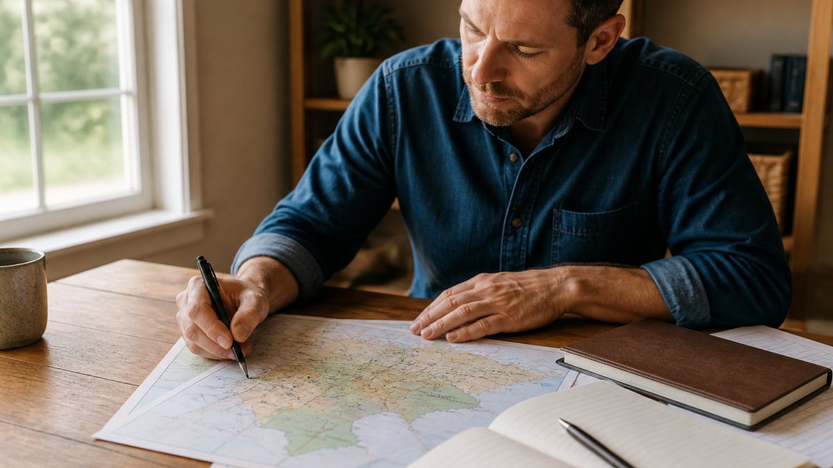 Small business owner planning local SEO landing pages by marking service areas on a map at a wooden desk.