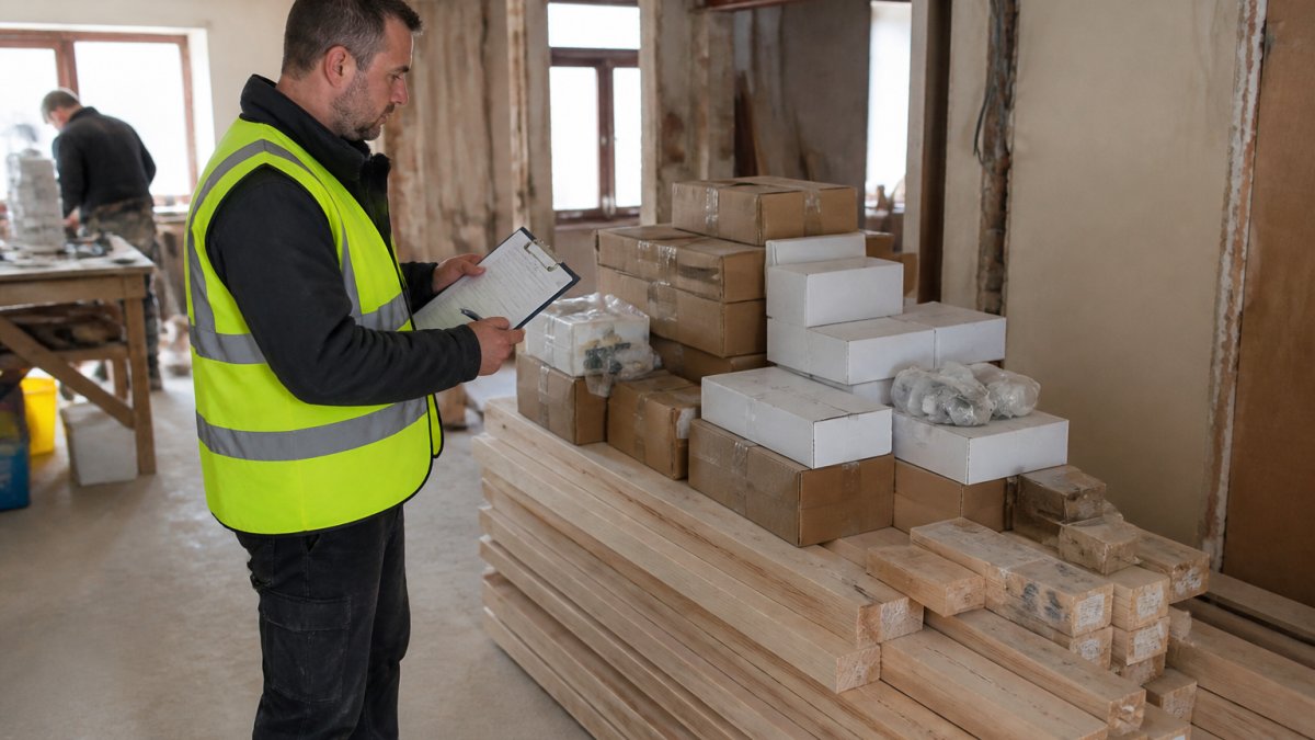 Project manager checking organised timber and fittings for renovation logistics on a busy site