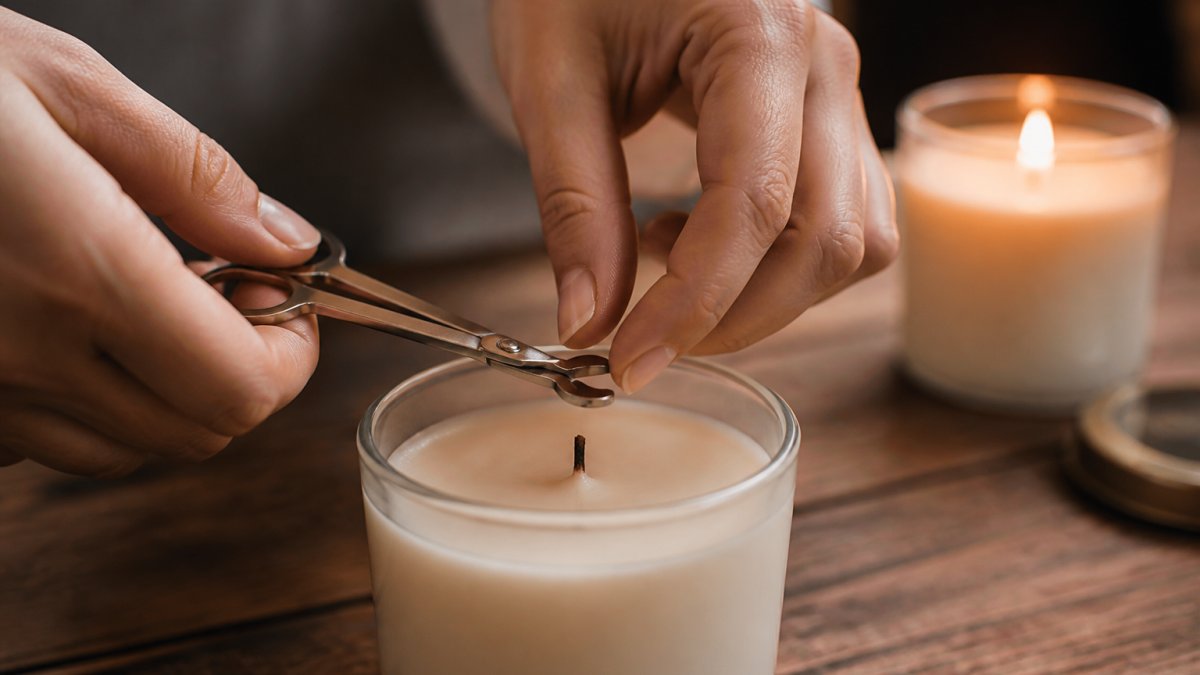 Close-up of hands trimming a candle wick with small scissors, showing proper 1/4 inch length, with a lit soy candle glowing in soft warm light