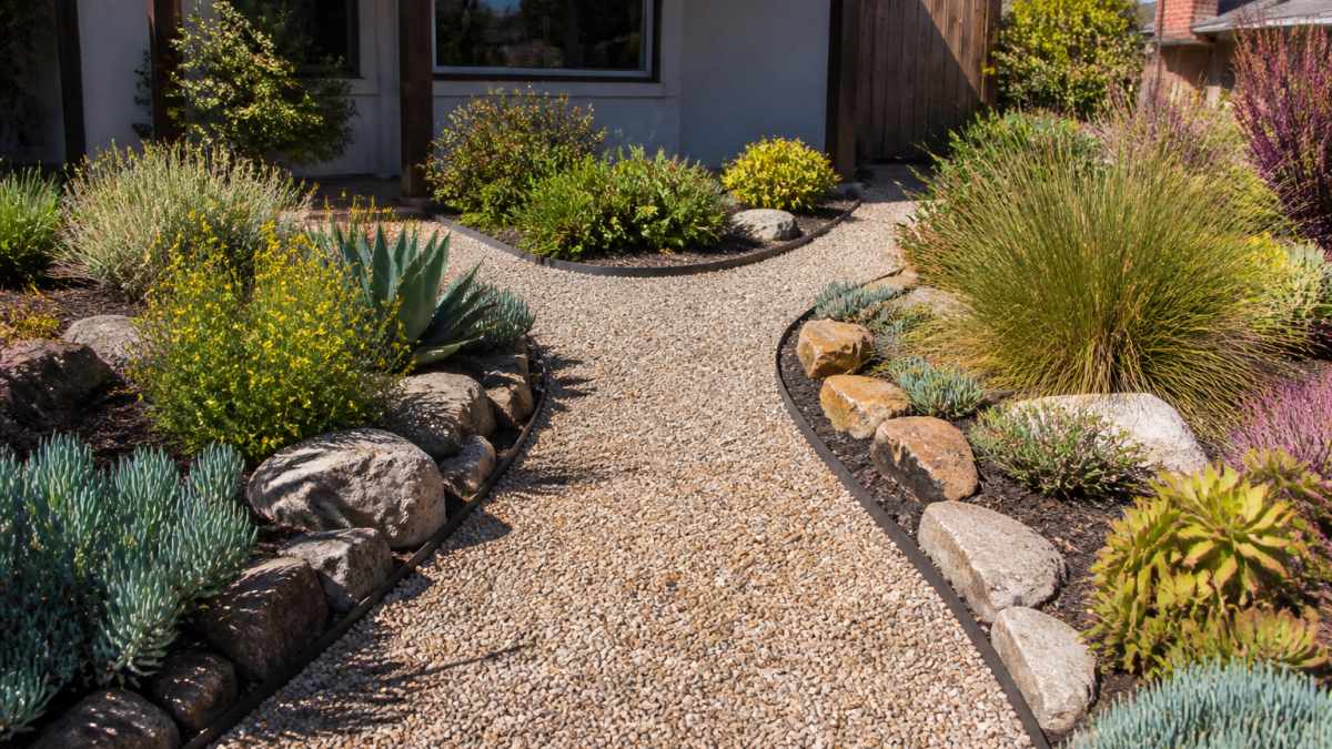 Well-designed residential front yard featuring a curved gravel pathway bordered by low-growing succulents and ornamental grasses, with layered plantings and natural stone edging in afternoon sunlight