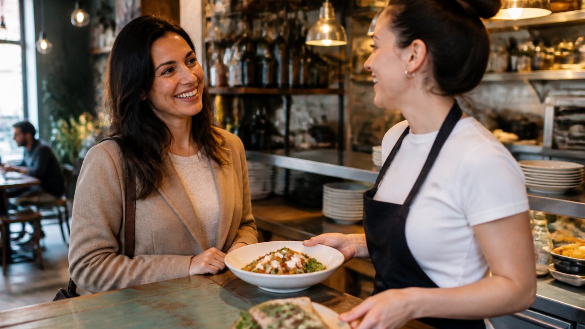 Friendly server greeting a regular customer by name at a cozy restaurant, highlighting loyalty programs for small