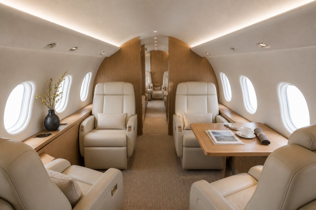 A spacious private jet cabin interior featuring light oak wood paneling, cream leather seats, and soft, indirect lighting