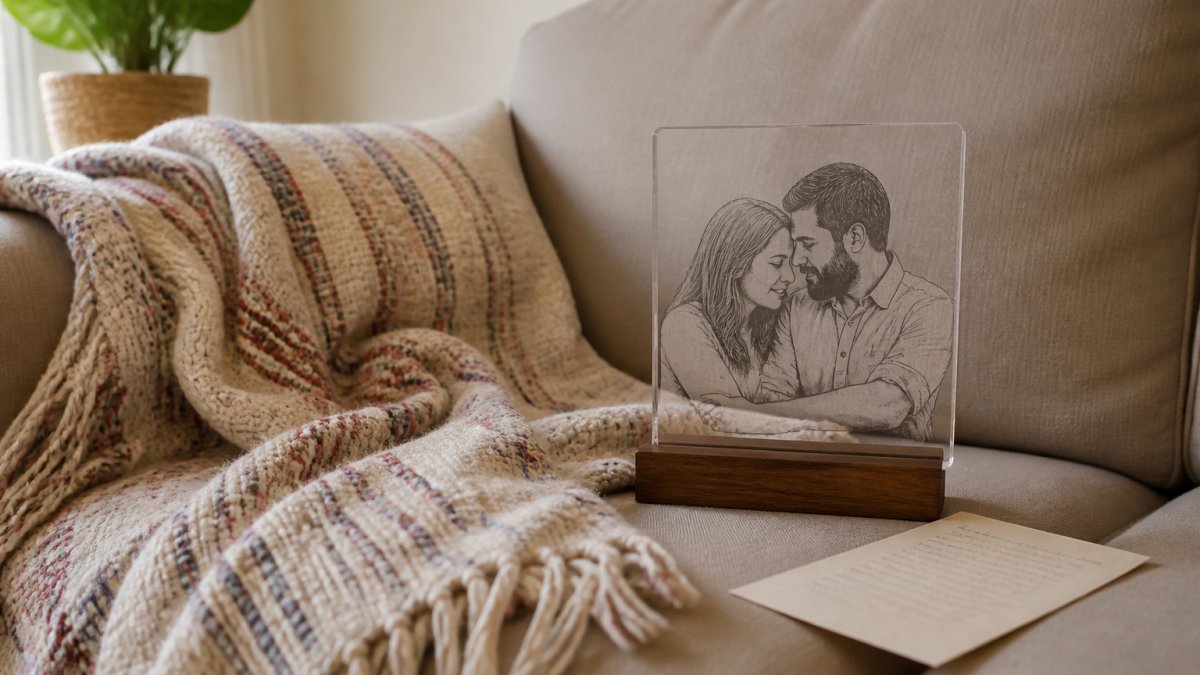 A softly lit living room scene showing a woven cotton heirloom blanket draped over a couch beside a small framed acrylic plaque glowing on a wooden LED base, with a handwritten card resting nearby