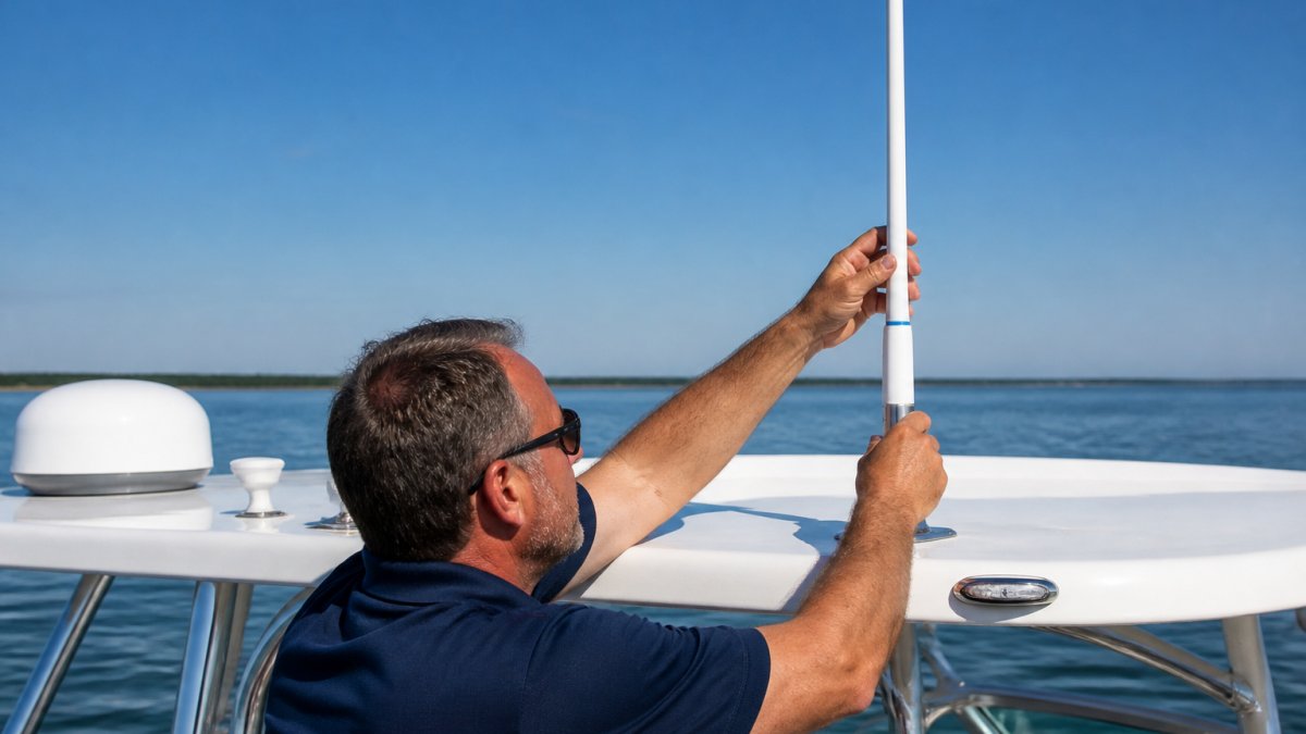 Diagram illustrating the optimal mounting positions for a marine VHF antenna on a boat hardtop