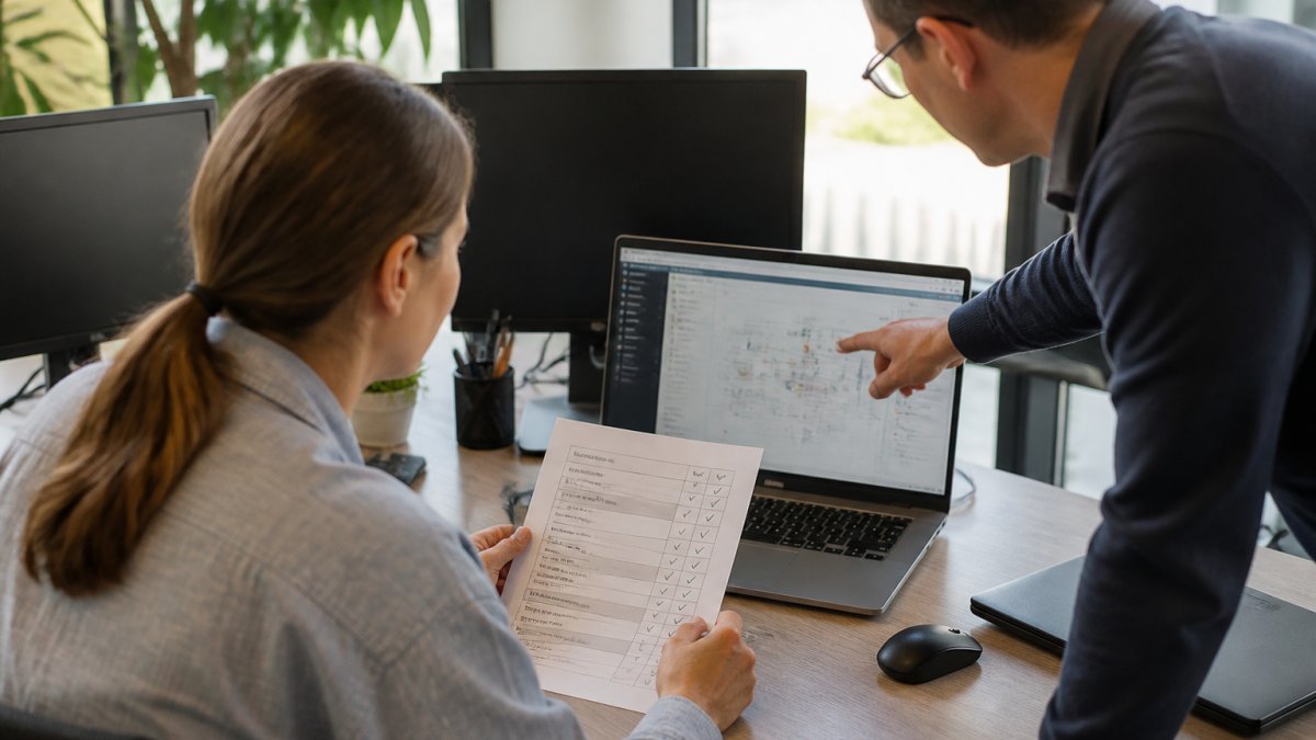A marketer at a desk reviewing a printed compliance checklist beside a laptop showing a campaign workflow, with a colleague pointing at the screen in a bright office