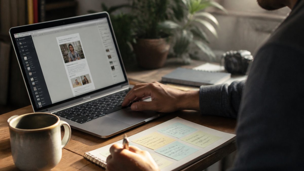 7 Marketing Automation Workflows for Small Business Entrepreneur setting up a marketing automation email flow on a laptop at a tidy home office desk