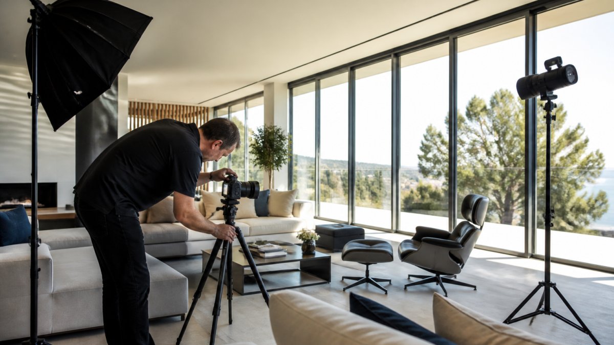 Photographer setting up professional lighting for luxury property marketing in a sunlit living room