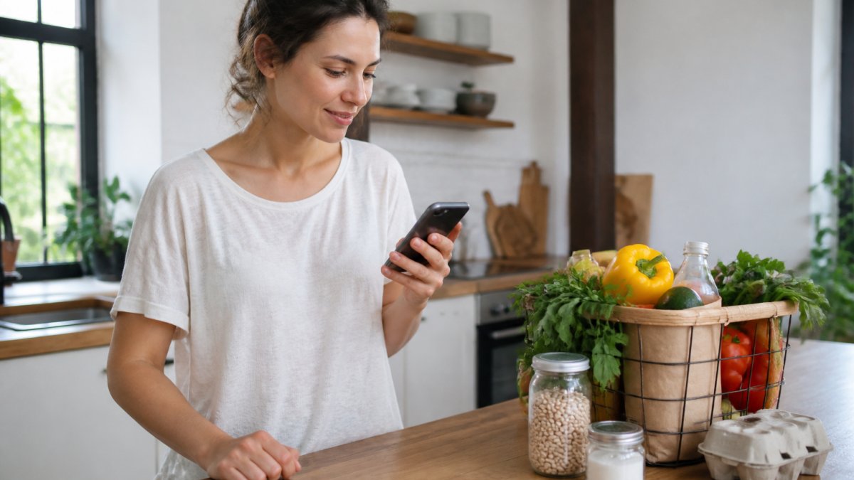 Person in a bright kitchen checking a grocery list app for meal planning with fresh produce on the counter