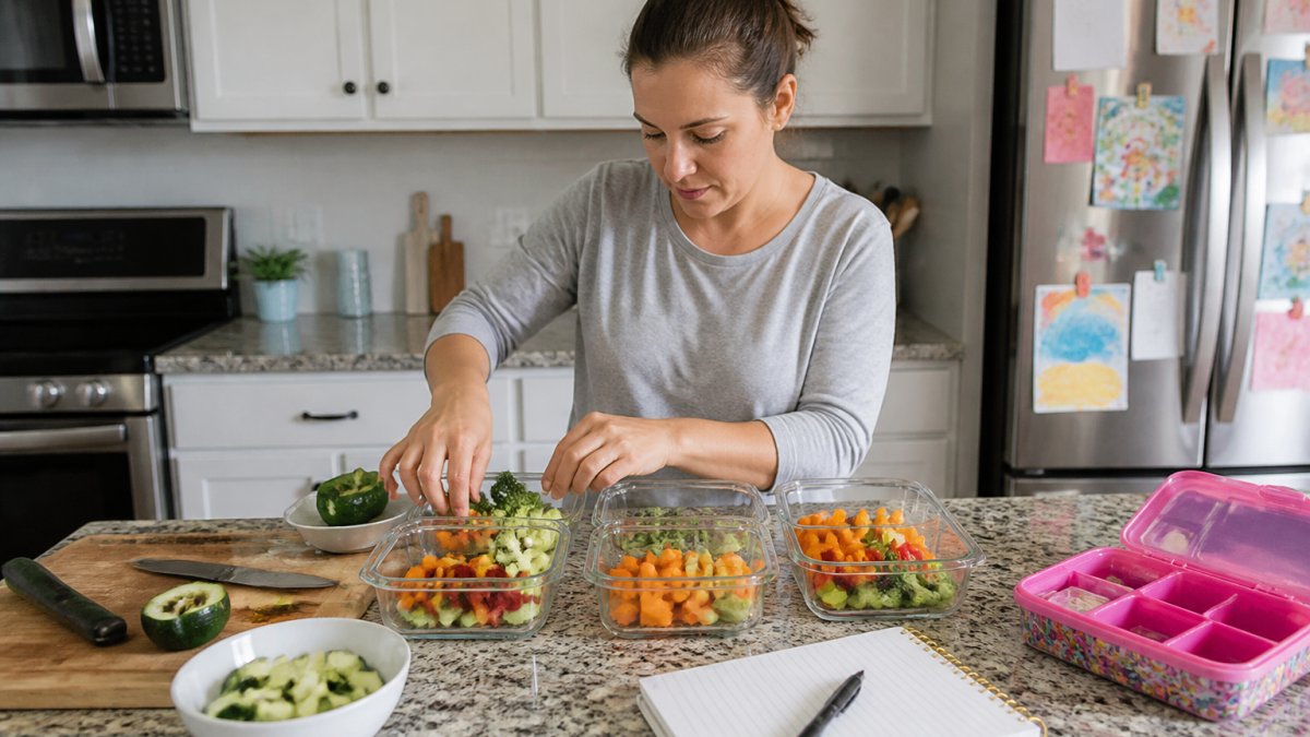 A mother prepping vegetables into containers as part of her mealime alternatives routine for busy families.