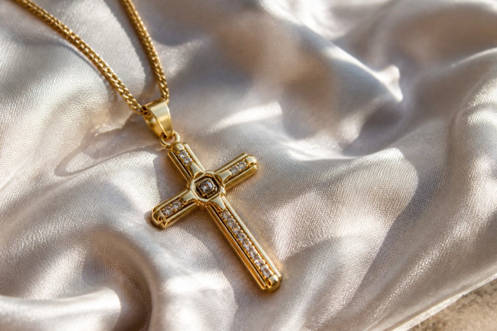 Close-up of an elegant gold cross necklace with intricate Bible chip pendant displayed on soft cream fabric, catching natural sunlight that highlights the sparkle of embedded stones and the refined craftsmanship of the polished metal