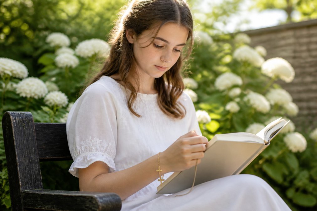 Young confirmand wearing a delicate gold cross bracelet and holding an open devotional journal, seated in a peaceful garden setting with soft natural lighting that conveys spiritual reflection and personal growth