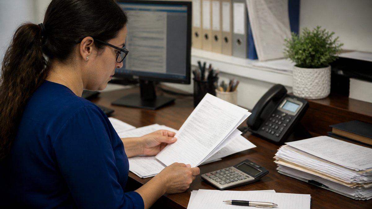 Healthcare administrator at desk reviewing patient insurance documents and eligibility information on computer screen in modern clinic office