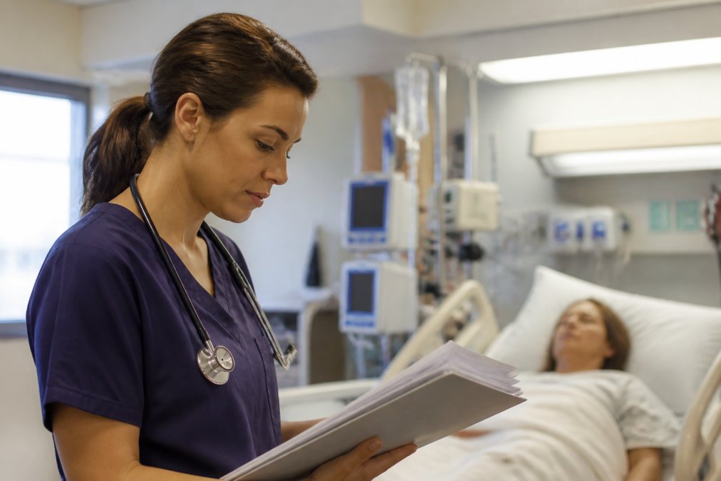 Registered nurse reviewing patient charts at a hospital bedside with medical monitors displaying vital signs in the background, natural clinical lighting from overhead fixtures