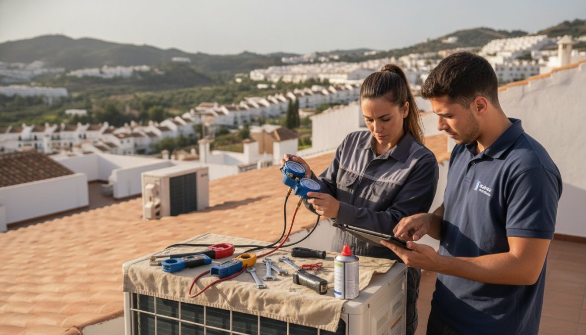 Técnico certificado con uniforme de trabajo revisando la unidad exterior de un equipo split en la terraza de un apartamento en la Costa del Sol, con herramientas de diagnóstico y manómetros de gas refrigerante sobre una mesa plegable, luz natural de mediodía