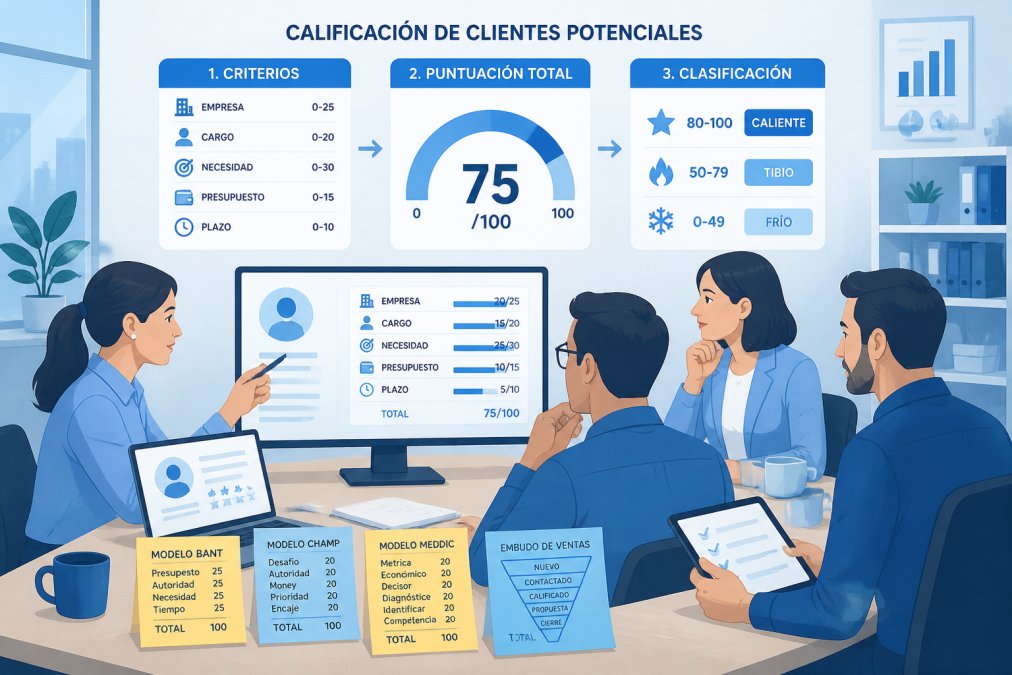 Diagrama del proceso para calificar clientes potenciales con criterios de puntuación y notas adhesivas en oficina
