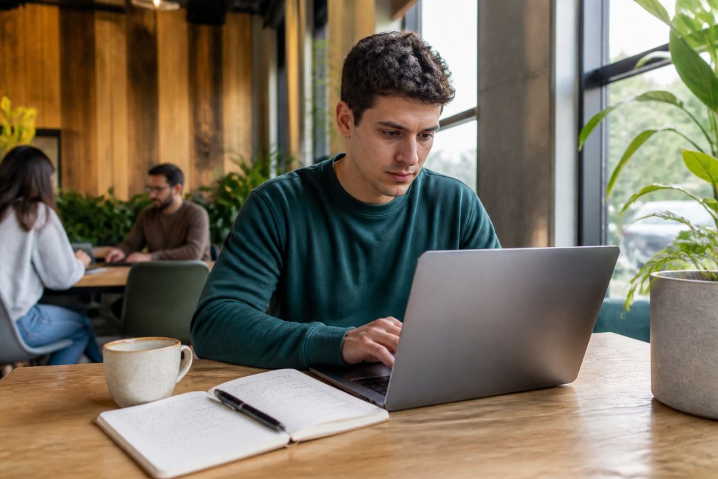 Programador trabajando en un portátil con café y libreta en un espacio de coworking iluminado por luz natural