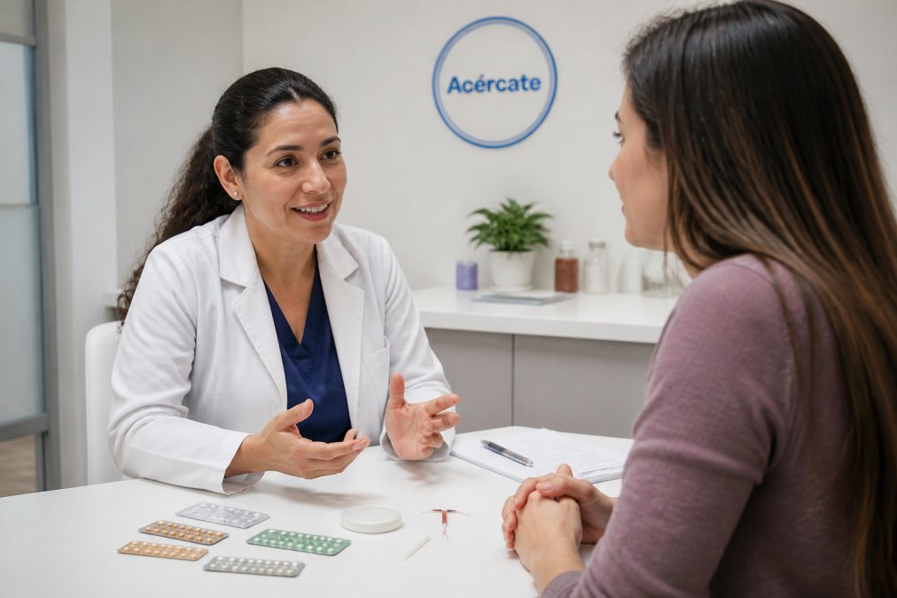 Médica ginecóloga en consulta con paciente mujer en ambiente clínico profesional, mostrando diálogo y confianza durante asesoramiento médico sobre opciones anticonceptivas