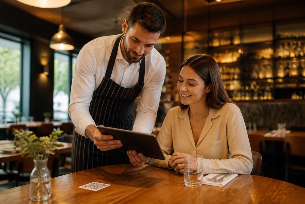 Camarero en un restaurante moderno mostrando un menú digital en una tablet a una cliente sonriente, con un código QR visible en la mesa de madera, iluminación cálida de restaurante