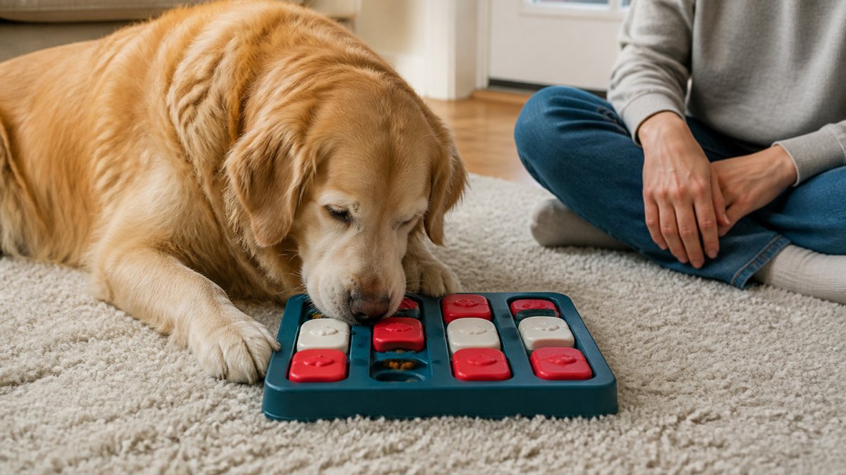 Senior golden retriever nudging a slide-button puzzle feeder on a rug while its owner watches nearby.