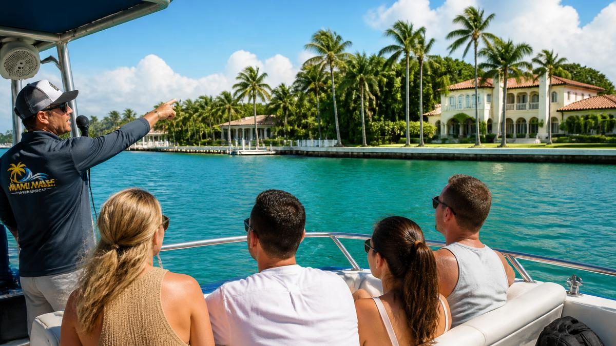 Tourists on a boat viewing waterfront mansions during a Miami celebrity homes boat tour under sunny skies.