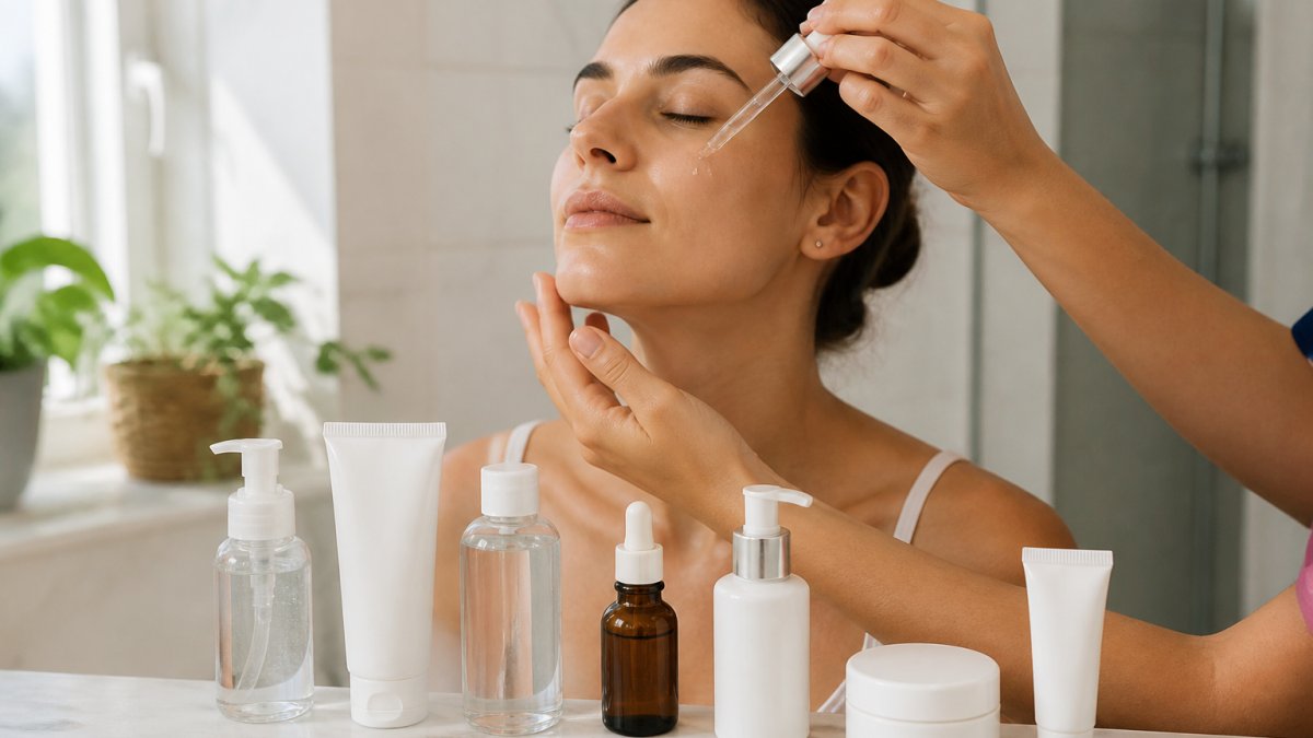 Close-up di mani che applicano gocce di siero sul viso di una donna in un bagno luminoso, con flaconi di prodotti skincare disposti in fila sul ripiano in ordine di utilizzo