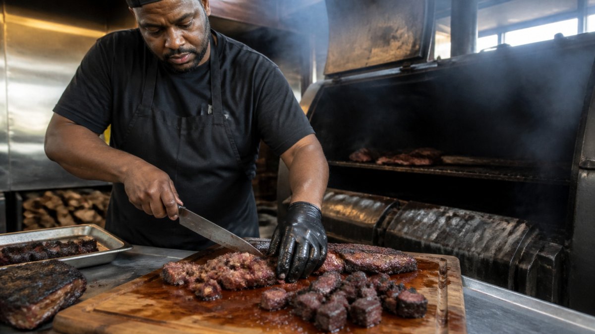 A pitmaster slices charred brisket for the history of burnt ends inside a smoky Kansas City barbecue kitchen.