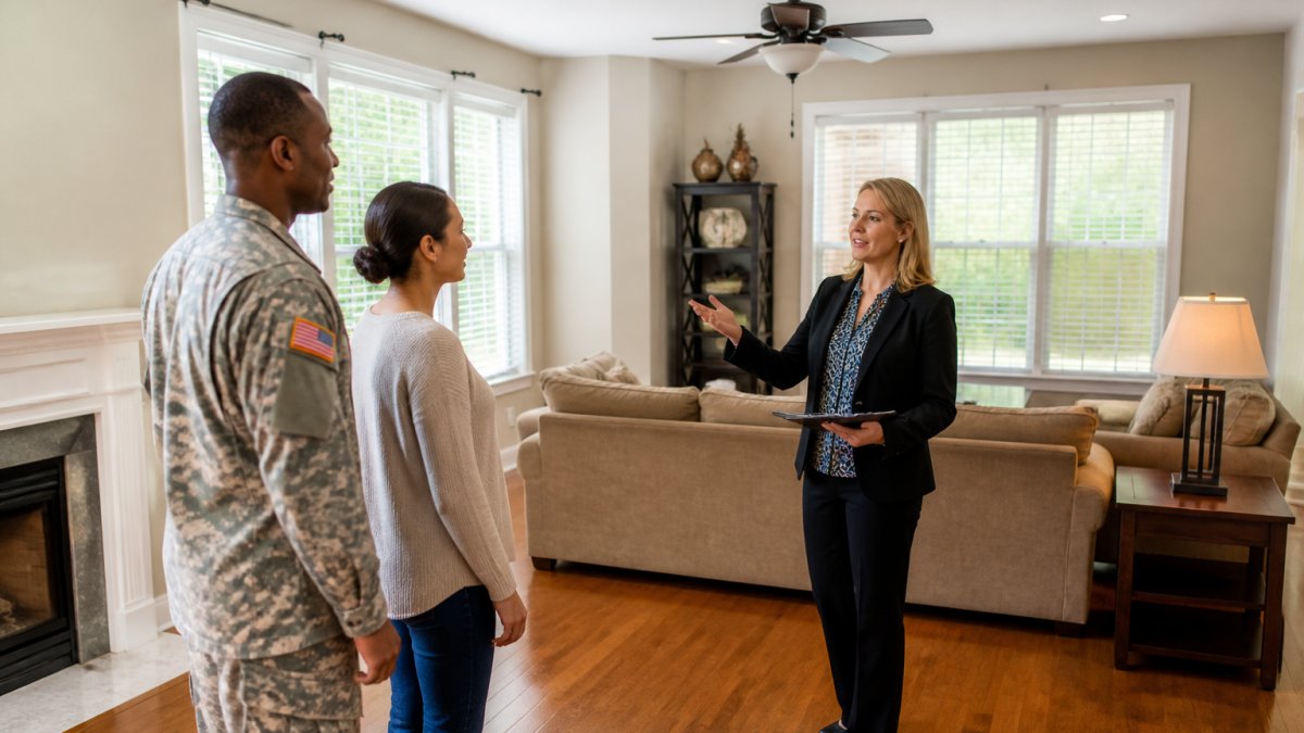 Property manager discussing a lease with a military family during a home tour for military relocation rental property