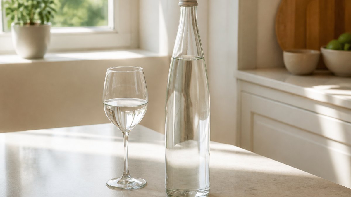 A single glass bottle of still mineral water on a light stone countertop beside a filled wine glass, morning light through a kitchen window, calm and uncluttered