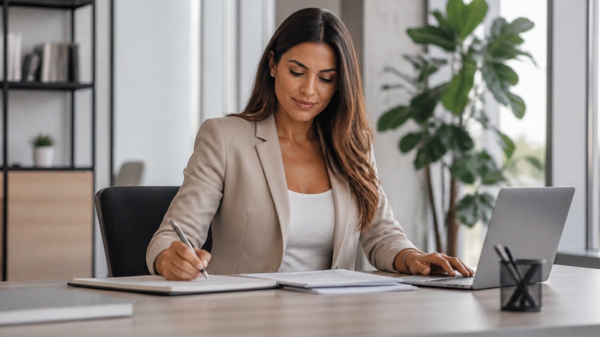 Confident woman working at a modern office desk after minimal downtime body contouring recovery