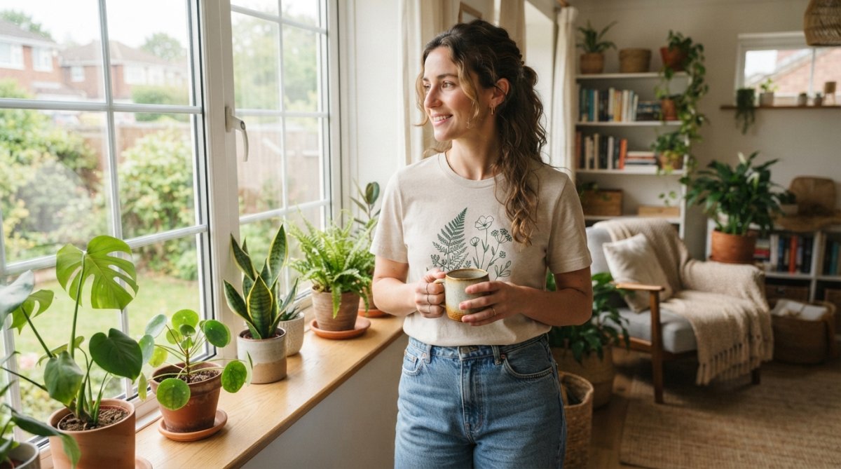 A person in a bright, airy living room wearing a neutral-toned botanical graphic tee, holding a ceramic coffee mug near a windowsill with potted plants
