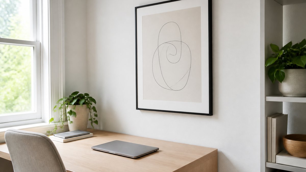 Abstract line-art print in a thin black frame above a light wood desk in a bright, minimalist home office corner.