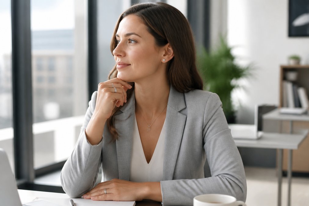 Professionelle Frau im modernen Büro mit natürlicher Beleuchtung trägt dezente silberne Kette, Ohrstecker und Ring - die Schmuckstücke sind subtil sichtbar und ergänzen ihren Business-Outfit