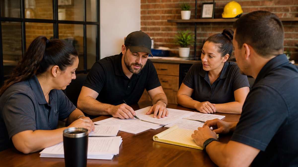 Service business owner meeting with team members around a table reviewing operational documents and growth strategy notes, natural office lighting