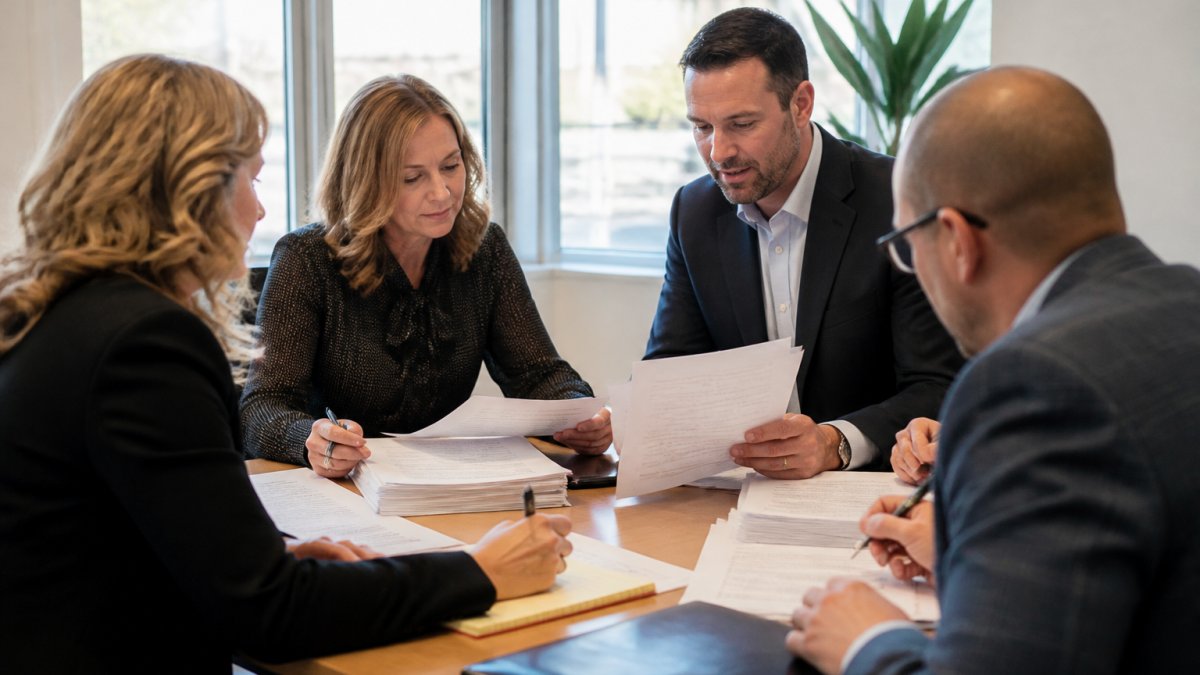 Association executives and a consultant reviewing an MLS governance checklist around a conference table
