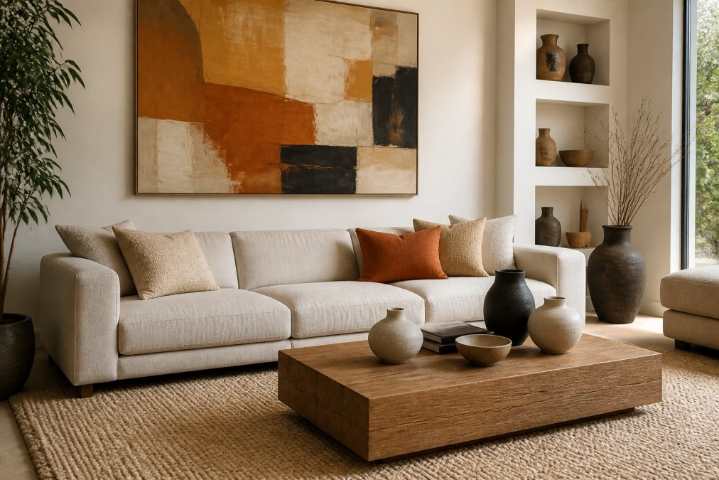 A bright, modern living room featuring a large abstract painting with warm ochre and terracotta tones above a neutral linen sofa, with sculptural ceramic decor accents on a wooden coffee table and a textured wool rug on the floor
