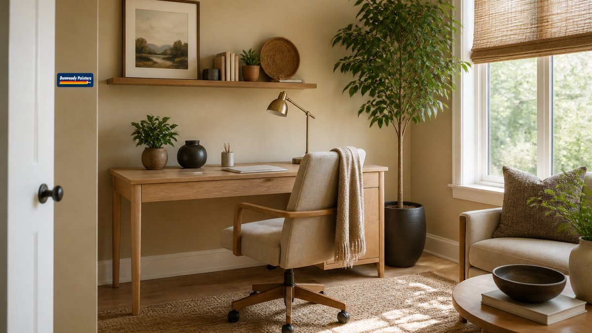 A bright home office with warm beige walls, a light wood desk, and a comfortable chair, with natural light streaming through a window and a plant in the corner