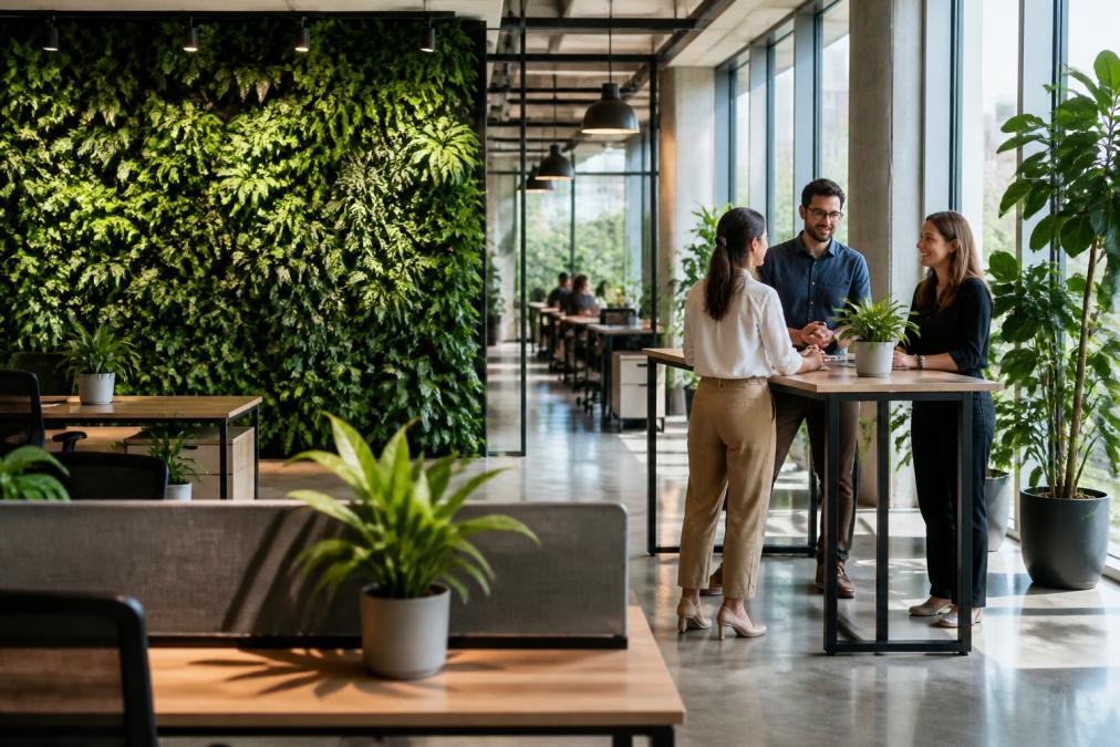 Modern open-plan office with living green walls covering one full wall, potted plants on individual desks, natural light streaming through floor-to-ceiling windows, employees collaborating at standing desks amid botanical elements