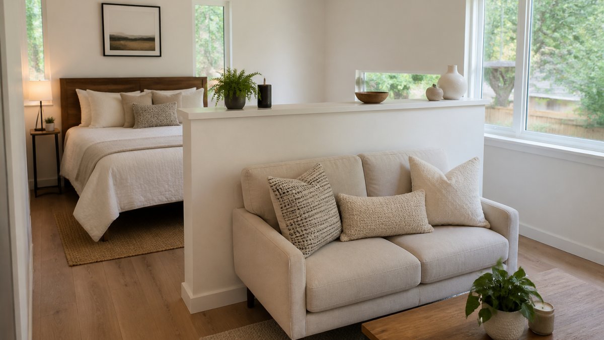 A bright studio ADU interior with a queen bed tucked behind a half-wall room divider, a small sofa and coffee table in the foreground, large windows letting in natural light, modern minimalist decor
