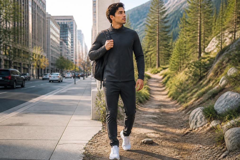 A young man in moisture-wicking street clothes transitioning from an urban commute with a backpack to an outdoor hiking trail in natural daylight, showing versatility between city and nature settings