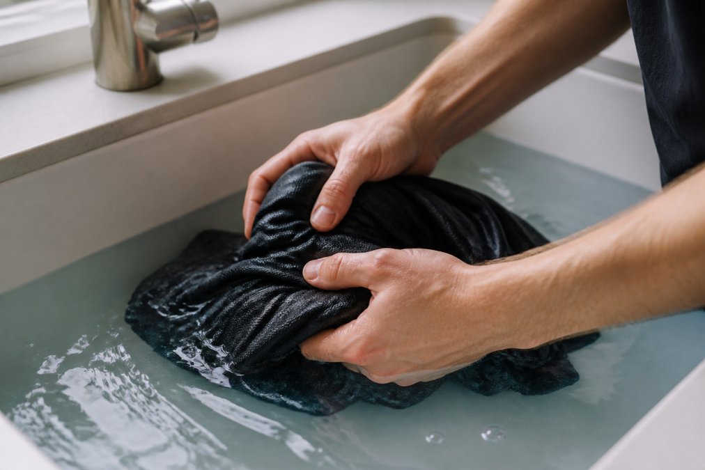 Close-up of hands carefully washing premium moisture-wicking apparel in cool water in a sink, showing gentle handling technique with natural lighting