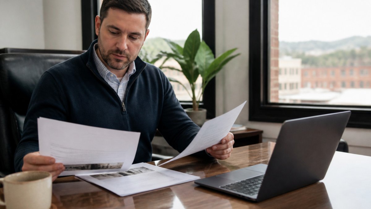 Business owner reviewing agency proposals as a mojo media alternative in a bright West Tennessee office
