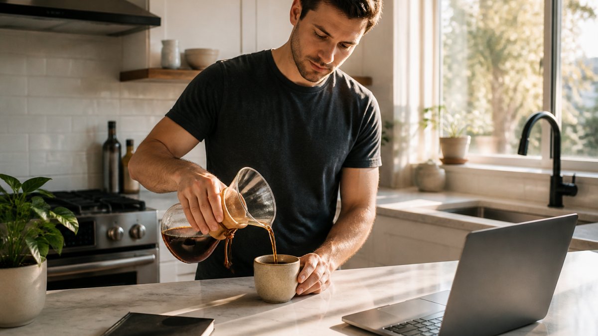 Person pouring fresh pour-over coffee into a mug in a sunlit kitchen to boost morning energy levels