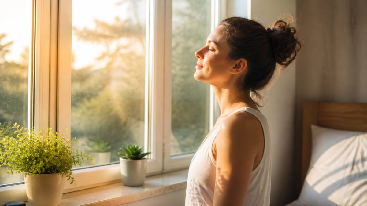 Person standing by a sunlit window, practicing a morning routine for better sleep by soaking up natural light.